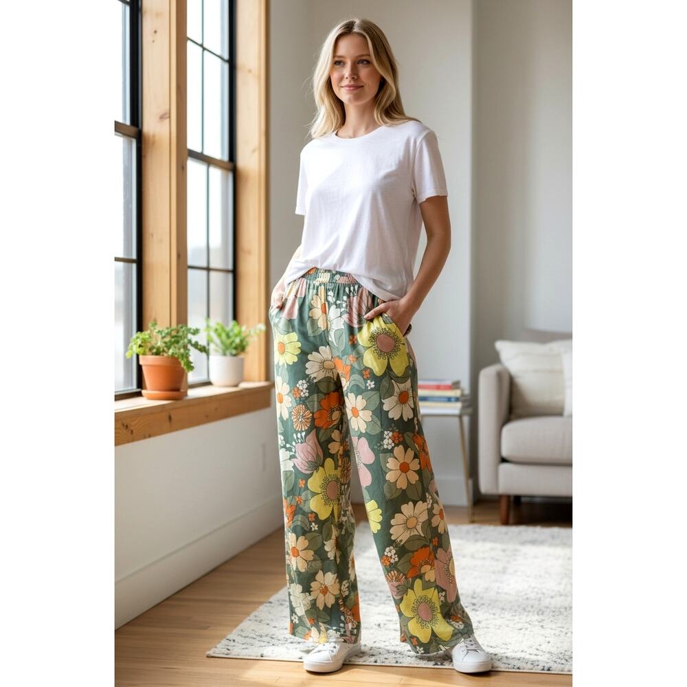 ALBERTINE Floral Bohemian Retro Pants Size XS 100% Viscose Elasticated Waistline - Picture 2 of 8